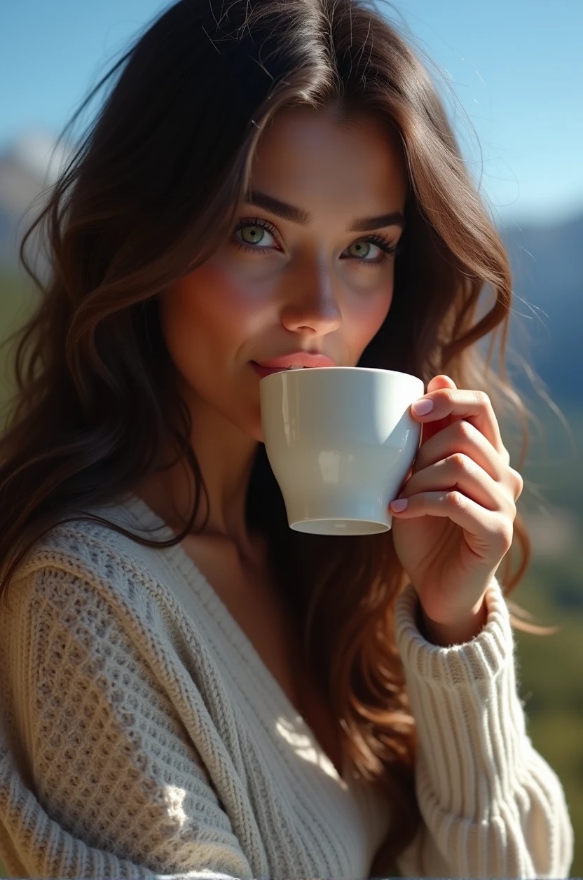 ((long shot)) brunette influencer with long, naturally wavy hair, green eyes, sexly, big , enjoying a coffee in the mountains, elegant and modern look, relaxing, Calm, extravagant , 8k, extremely detail, photorealestic, Details Complicated, Realistic skin texture, realistic hair, Textur, Happy, 8K UHD, best quality, High resolution, attention to details, very large , long shot, wide angle,(big boobs)