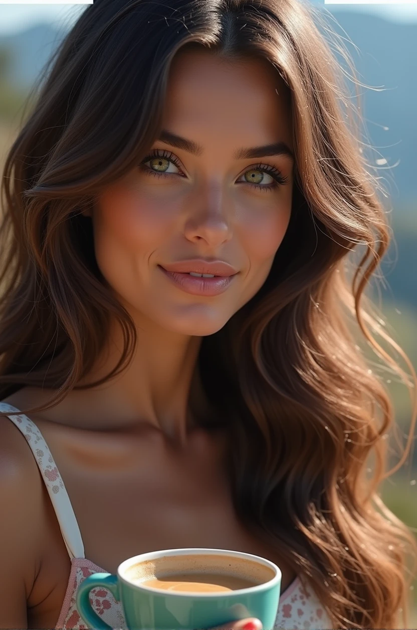 ((long shot)) brunette influencer with long, naturally wavy hair, green eyes, sexly, big , enjoying a coffee in the mountains, elegant and modern look, relaxing, Calm, extravagant , 8k, extremely detail, photorealestic, Details Complicated, Realistic skin texture, realistic hair, Textur, Happy, 8K UHD, best quality, High resolution, attention to details, very large , long shot, wide angle,(big boobs)