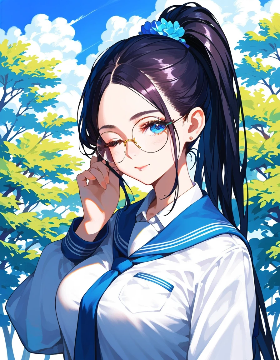 (High quality, 8ก, 4K, high contrast, Masterpiece:1.2, 最High quality, The best aesthetics ), beauty, very detailed, Sexy and erotic girls, (big breasts, long black hair , High ponytail , Side dial hair , I closed one eye. , blue eyes) , Girl 1 , (School uniform) , Wear round glasses , Height 166 , Gentle face 