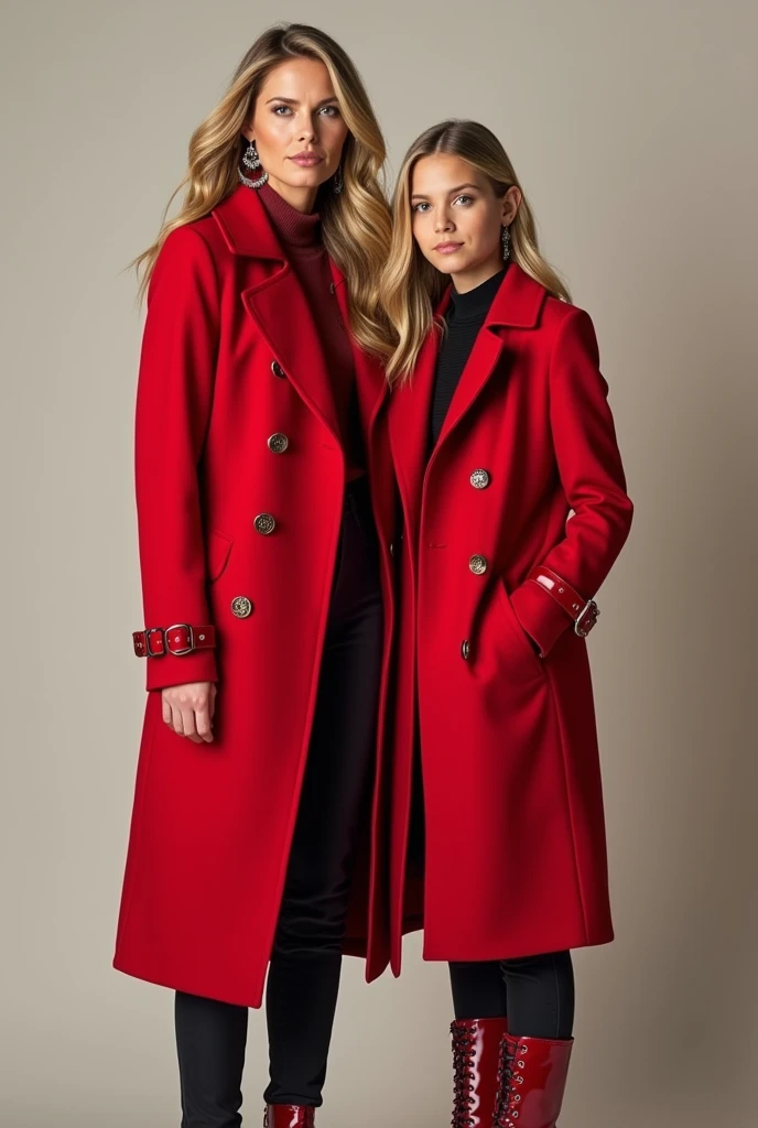 Heidi Klum and her 16 years old doughter in red Trenchcoat with ear rings gloves and boots