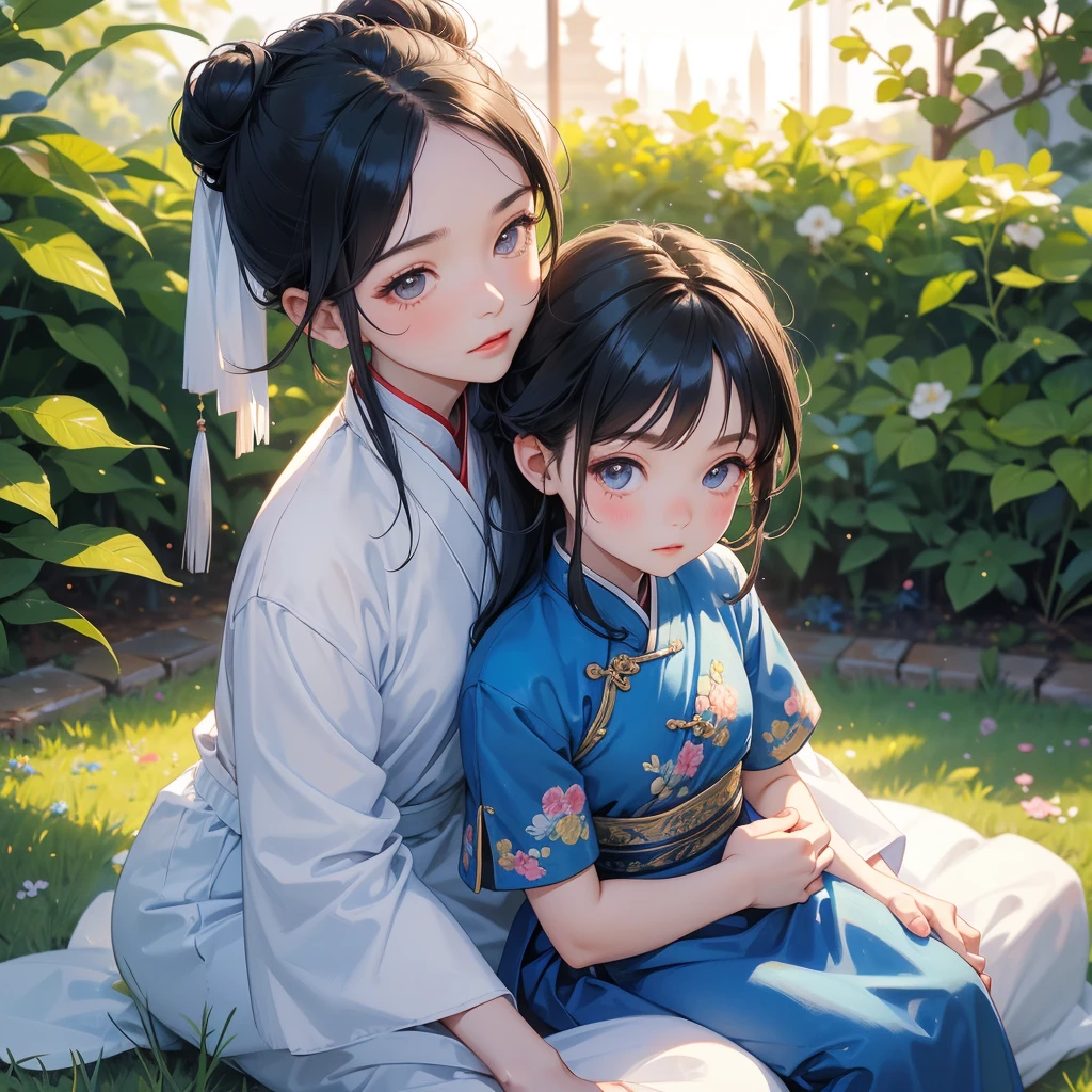 Chibi girl, A cute chibi girl with two buns, wearing a blue ancient Chinese dress, sitting on her big brother's lap, with long, loose, black hair, handsome in a white ancient Chinese dress, in the garden, sunlight on her face, bright face, sunrise, close-up.