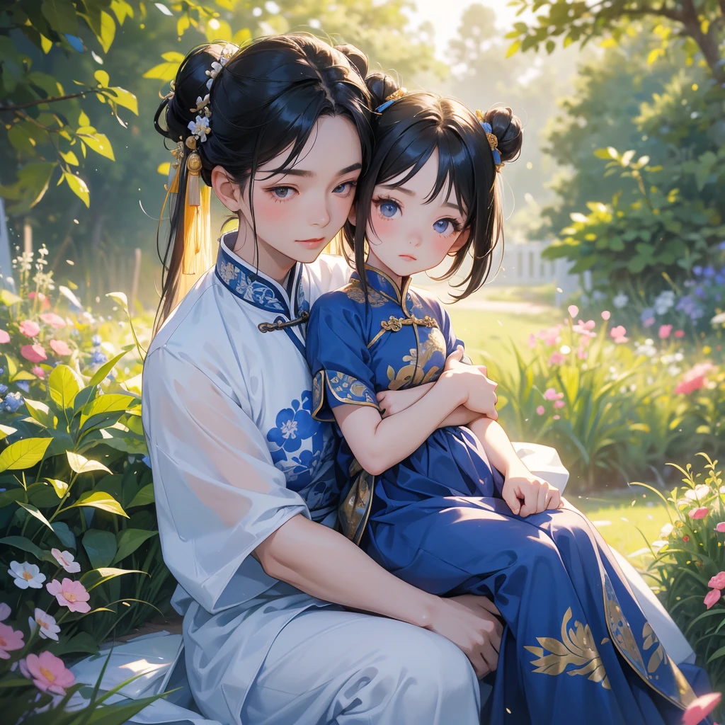 Chibi girl, A cute chibi girl with two buns, wearing a blue ancient Chinese dress, sitting on her big brother's lap, with long, loose, black hair, handsome in a white ancient Chinese dress, in the garden, sunlight on her face, bright face, sunrise, close-up.