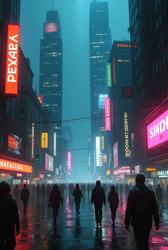 In the dystopian cyberpunk city, sinister corporate ads illuminate the dark neon future. The towering skyscrapers cast shadows over bustling streets filled with cybernetically-enhanced individuals. A visually stunning painting captures the scene, detailing the grime-covered technology mixed with flickering holographic billboards. The artist's attention to detail captures the ominous atmosphere perfectly, drawing viewers in with its high-quality rendering of a chillingly realistic future world.
