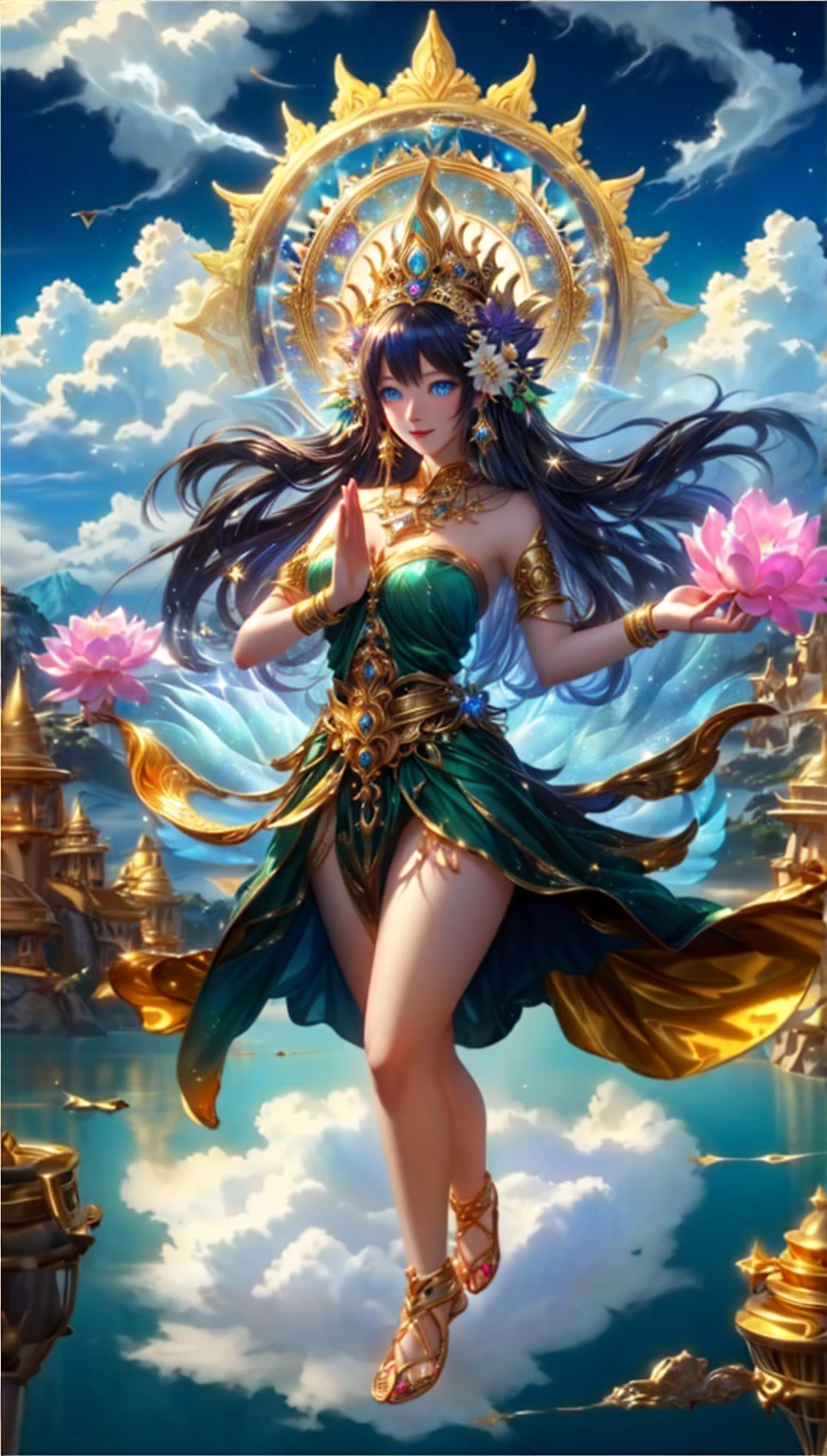 woman , sea blue eyes , pink mouth ,Dressed in gold, standing in front of a crescent moon., goddess of heaven, goddess of the moon, anime goddess, beautiful heavenly mage, lunar goddess, Moon Goddess, Princess Golden Lotus, Goddess of the Galaxy, Beautiful Fantasy Empress, ((Beautiful Fantasy Empress)), Goddess and Moon, As the sun goddess,, Goddess of space and time , , Fine gold jewelry