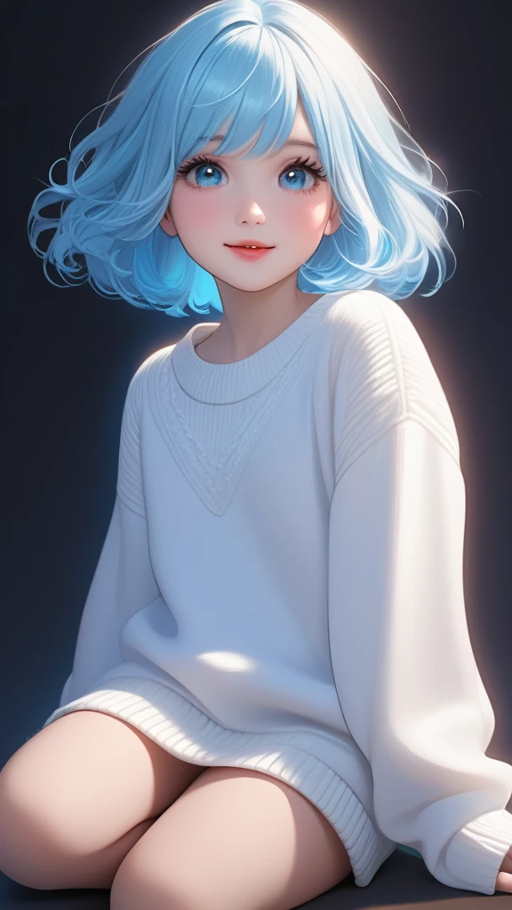 A highly detailed 1girl, beautiful detailed eyes, beautiful detailed lips, little wigs , detailed eyes and face, long eyelashes, happy expression, 6 girl, big size white sweater with black arm, sit pose, baby blue ayes glow, baby blue hair, shortcuts,studio lighting,concept art