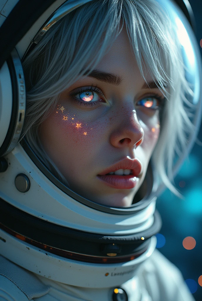 (Close-up of a better masterpiece:1.5)0.9], (Space and astronauts:1.2) (Messy silver hair:1.1) (Heterochromia xanthochromia and blue eyes:1.2) (Space Helmet:1.0) (Colored stars in the eyes:1.0) (A radiant glow:1.1) (thick lips:0.9)