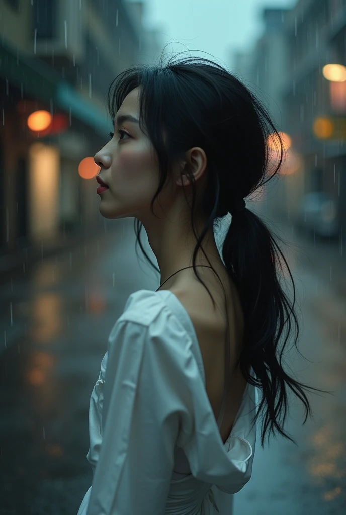 waist-length hair 30yo korean woman at a rainy road city, Ballet dancing wearing white unbutton shirt. Ballet pose. Clear skin. realistic skin style, detailed skin pore. Black dark very Long messy slick back stylish hair, poreless skin and natural makeup, long dark hair in a messy yet stylish way. A dimly lit background, moody rainy day, vignetted, Dramatic natural ambience light, cinematic lighting, strong backlighting and rim lighting, creating a sense of depth and atmosphere, with bokeh highlights and film grain adding texture. Color scheme: A muted, desaturated color palette with deep shadows and warm highlights, evoking a sense of nostalgia and melancholy. Atmosphere: An air of mystery and intrigue, with a hint of tension and anticipation. Actions: The woman is captured mid-movement, her body contorted in an elegant yet powerful ballet pose, her muscles taut and her expression intense. Objects: A few scattered props, such as a worn ballet barre or a discarded pair of pointe shoes, adding to the sense of authenticity and history.
