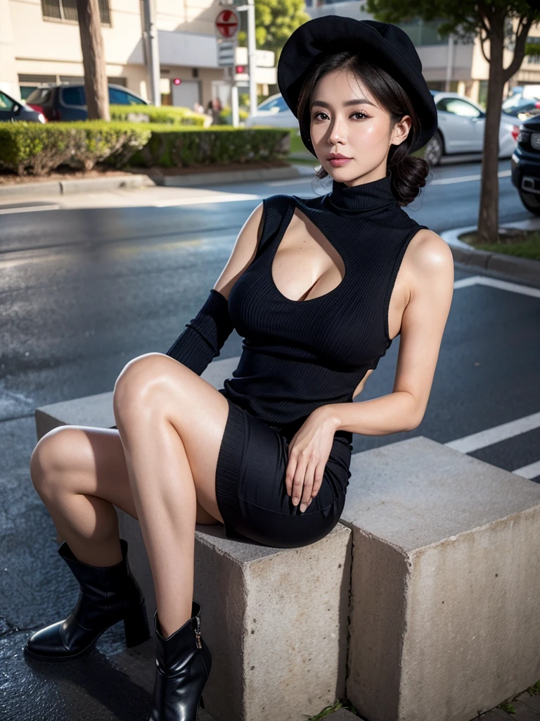 Best quality at best,4K,tmasterpiece:1.3),Beutiful women,hyper realisitc,1 busty girl,(Huge cleavage,Bewitching body:1.2),black long curly hair:1.1,The face is very detailed,super thin lips,Ultra-detailed eyes,double eyelid,mid length turtleneck sweater(Closely adheres to skin:1.3,Show line:1.2),Extra short hot pants(Clothes cover the upper body),Loose boots,bud hat,Sexy expression,Dangling breasts,Visible lines,Random scenes,just two legs,Street side,roadside,fully body photo,Stood up(Stand up:1.3)