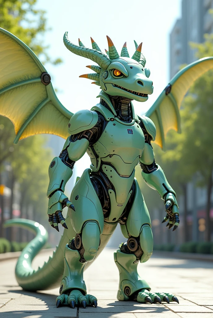 A cyborg humanoid dragon that combines biotechnology and robotics technology, has a set of oriental dragon and Japanese rhinoceros beetle horns on its head, and a smart and muscular body equipped with ultra-hard metal armor reminiscent of the outer shell of an insect. , an auxiliary skeleton reminiscent of a tree or creature, an elytra with dragon wings and ion thrusters on its back, a pale jade-colored powered suit, a friendly smile, a bright and energetic personality, a white background, a sunny day, a futuristic building. I imagined it spreading its wings and floating slightly to greet passersby in a city lined with trees.