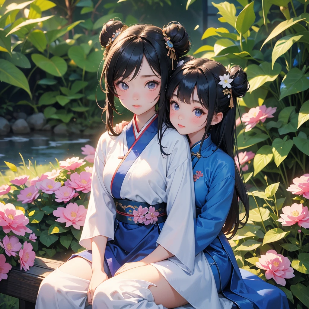 Chibi girl, A cute chibi girl with two buns, wearing a blue ancient Chinese dress, sitting on her big brother's lap, with long, loose, black hair, handsome in a white ancient Chinese dress, in the flower garden, sunlight on her face, bright face, sunrise, close-up.