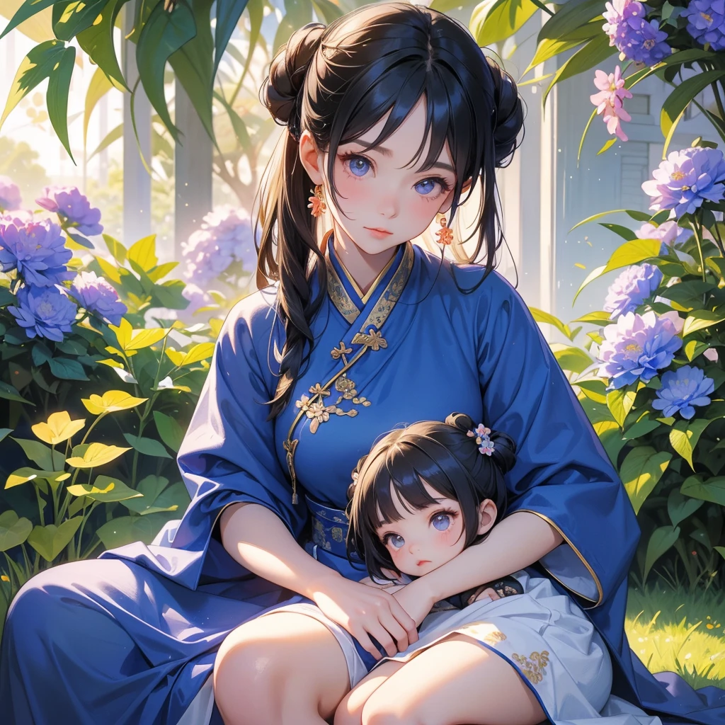 A bright and sunny summer afternoon in the living room (((rubbing her mother's shoulders))) A girl of about 15 years old, her mother a kind and beautiful woman of about 40 years old, a gentle atmosphere is exuded, the illustration has a girl's manga style touch,