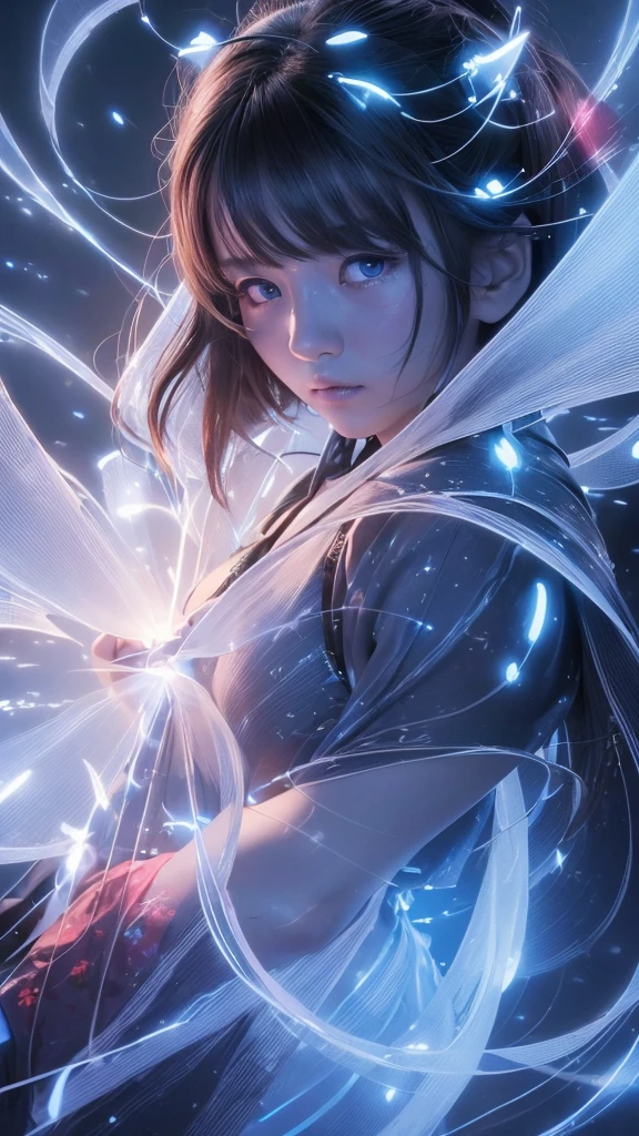 (((8k))), (((High resolution))),((Highest quality)),Beautiful Shrine Maiden,shrine,Upper body only,Face close-up,Beam from the right,BATTLE MODE, A blue aura swirling around the body,fog,Mysterious atmosphere,Serious face,Ultra-realistic,8k,Ultra-fine,Very detailed