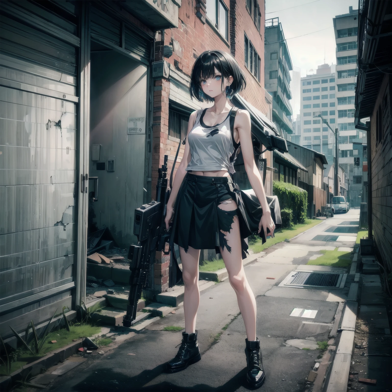 (Torn clothes), Tank top shirt, skirt, Anti-tank rifles, Rocket Launcher, Assault rifle, Beam rifle, Handgun, Abandoned building, Absurd, RAW Photos, Very delicate and beautiful, masterpiece, Highest quality, Ultra-high resolution, 32K, Surreal, Very detailed, Detailed Description, Pale skin, 20-year-old, Tearful mole, Earrings, Short Medium Hair, Wavy Hair, Full Body Shot,
