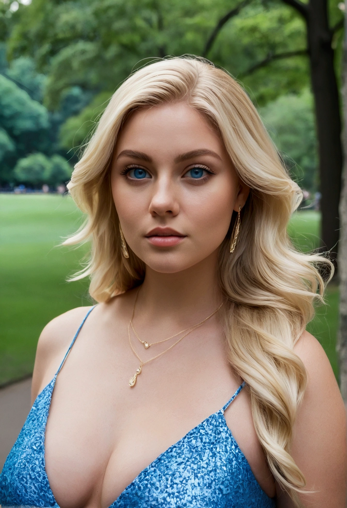 instagram model, blonde,curvy, Portrait,Central Park,Blue Eyes,