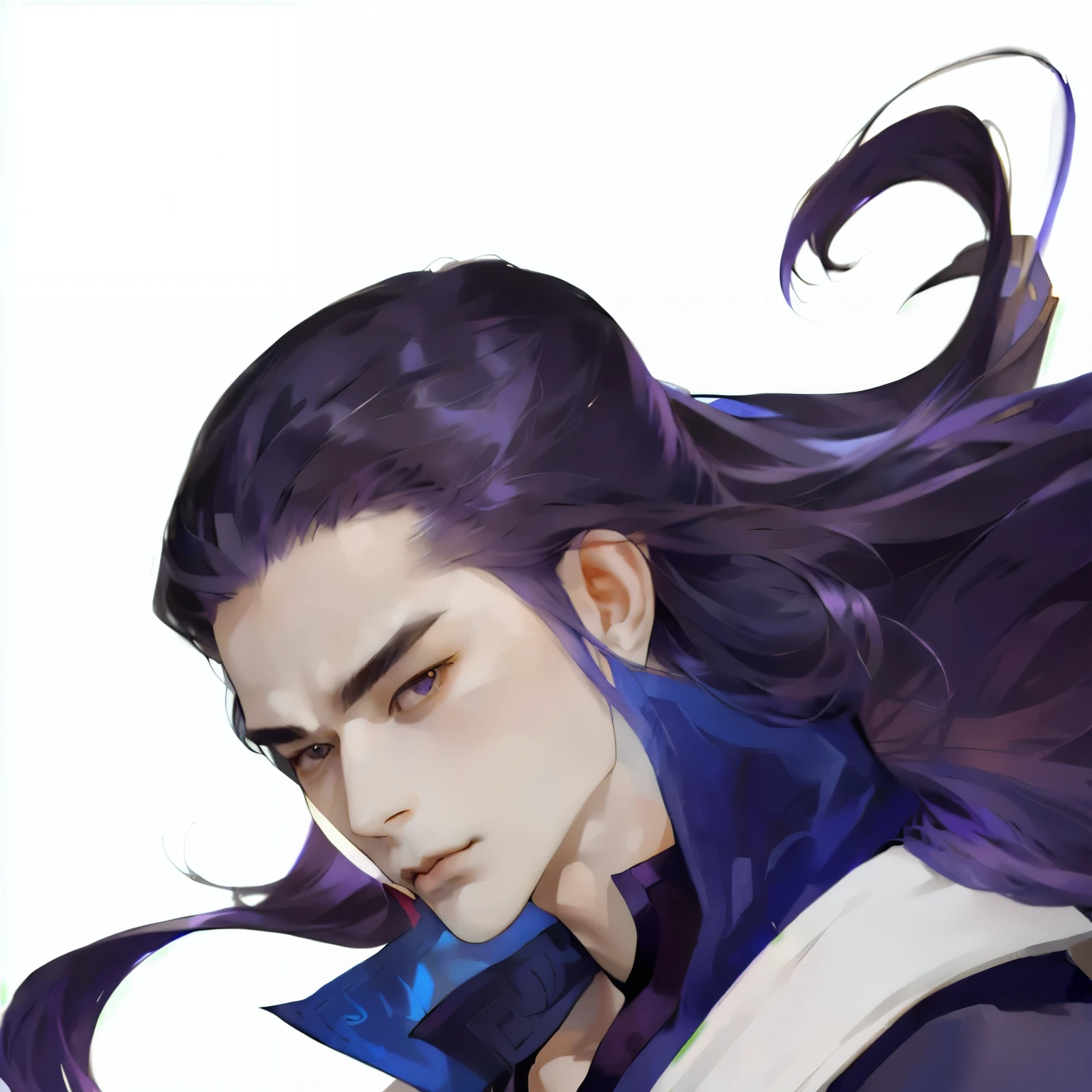 Anime character with long purple hair wearing a blue jacket, heise jinyao, inspired by Guan Daosheng, G Liulian art style, Onmyoji Portrait, xianxia hero, Inspired by Zhao Yuan, bian lian, The handsome guy in Demon Slayer, Inspired by Huang Shen, shirow masamune, Inspired by Cao Zhibai