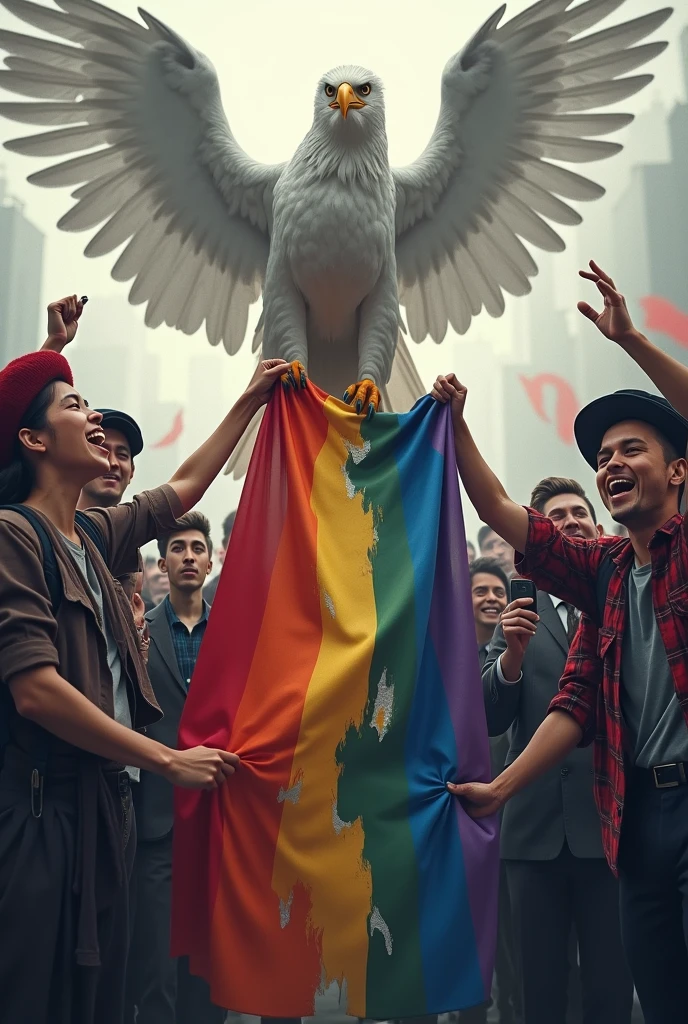 The fall of LGBT and the rainbow flag, Poles rejoice over their victory, in the background a white eagle destroys the rainbow flag