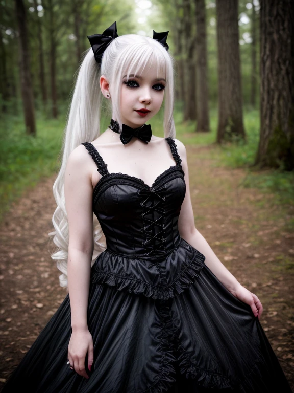 female sexy vampire|albino, pale porcelain skin, sexy vintage black dress, long skirt, fishnet, (8 years old, ****:1.5), smile, shallow depth of field, grin|creepy, nightfall, detailed face, night, wide hips, narrow waist, portrait of woman standing, detailed eyes, portrait of woman standing, 8k RAW photo, highest quality, looking at the viewer, best shadow, intricate details, white hair, pigtails, cute, bright white eyes, mascara, eyeshadow, gothic makeup, (night:1.4), forest, grave, gothic, goth detailed, highres, high qualilty, high saturation