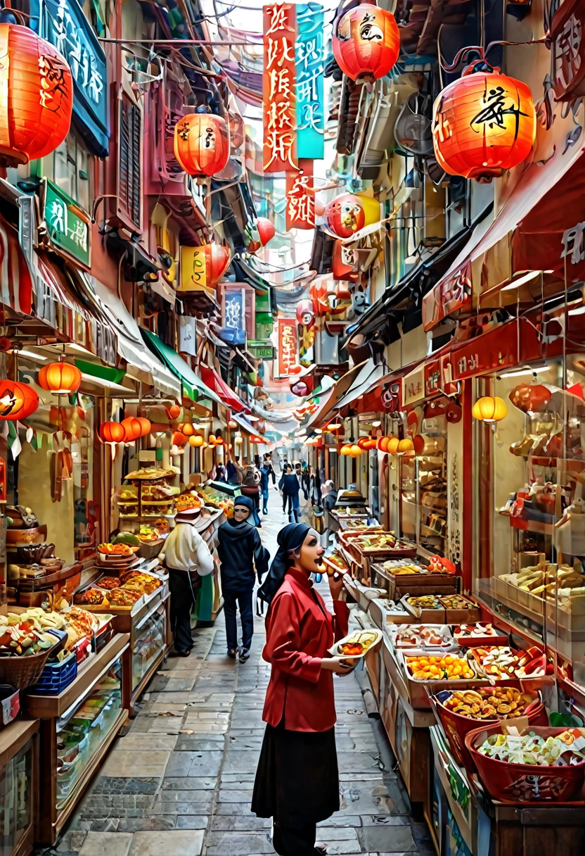 (((An realistic immage of Muslim Quarter street scene in Xi'an))). Narrow alley lined with colorful shops and food stalls. Traditional Chinese architecture with Islamic influences. Crowds of people shopping and eating. Steam rising from food vendors. Vibrant atmosphere with lanterns and neon signs