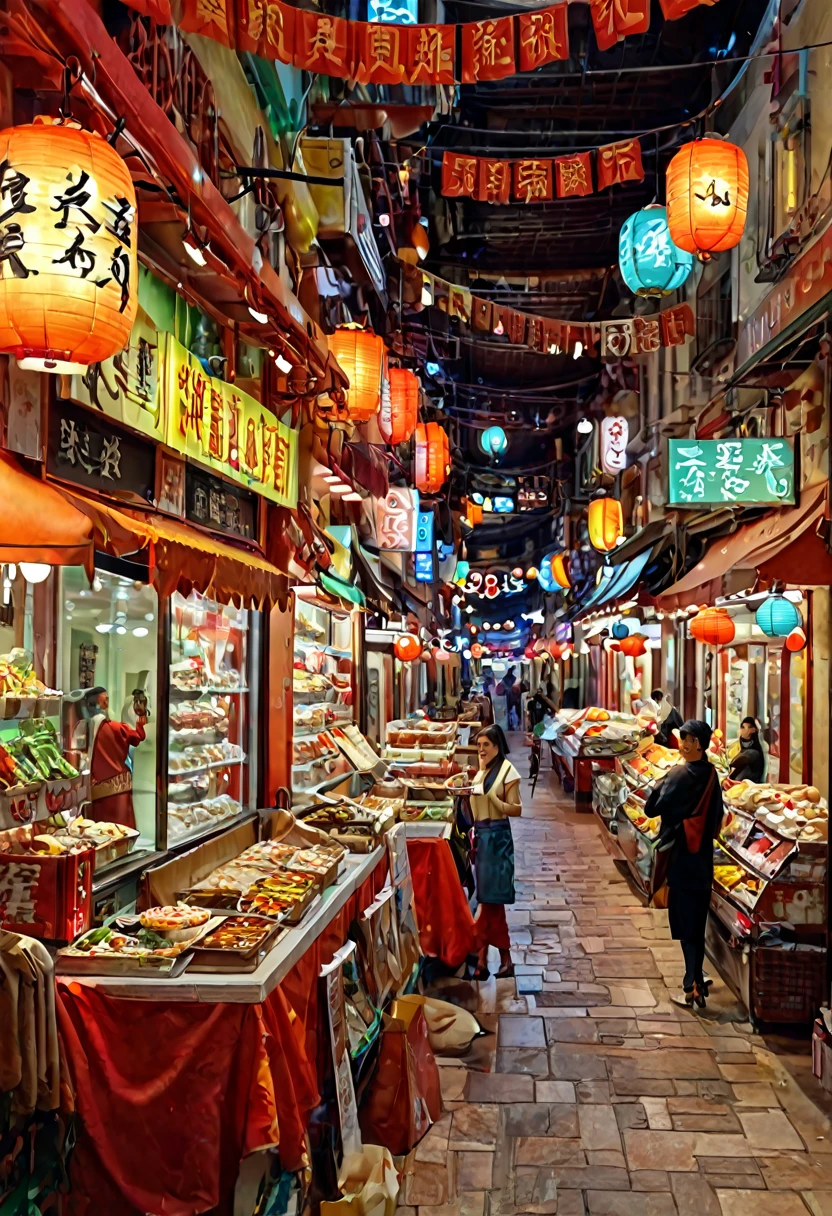 (((An realistic immage of Muslim Quarter street scene in Xi'an))). Narrow alley lined with colorful shops and food stalls. Traditional Chinese architecture with Islamic influences. Crowds of people shopping and eating. Steam rising from food vendors. Vibrant atmosphere with lanterns and neon signs