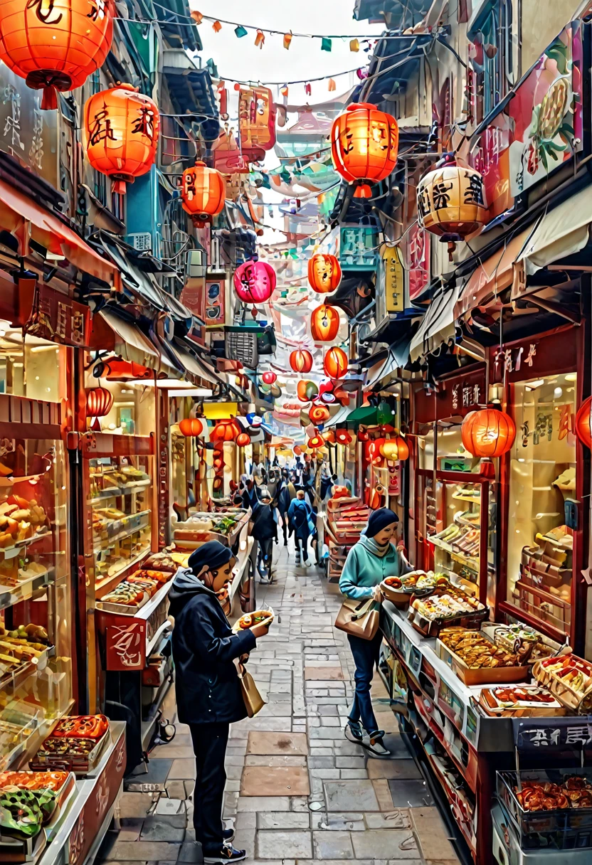 (((An realistic immage of Muslim Quarter street scene in Xi'an))). Narrow alley lined with colorful shops and food stalls. Traditional Chinese architecture with Islamic influences. Crowds of people shopping and eating. Steam rising from food vendors. Vibrant atmosphere with lanterns and neon signs