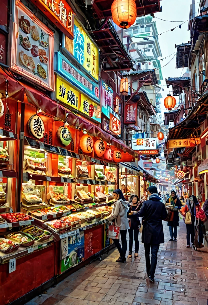 (((An realistic immage of Muslim Quarter street scene in Xi'an))). Narrow alley lined with colorful shops and food stalls. Traditional Chinese architecture with Islamic influences. Crowds of people shopping and eating. Steam rising from food vendors. Vibrant atmosphere with lanterns and neon signs