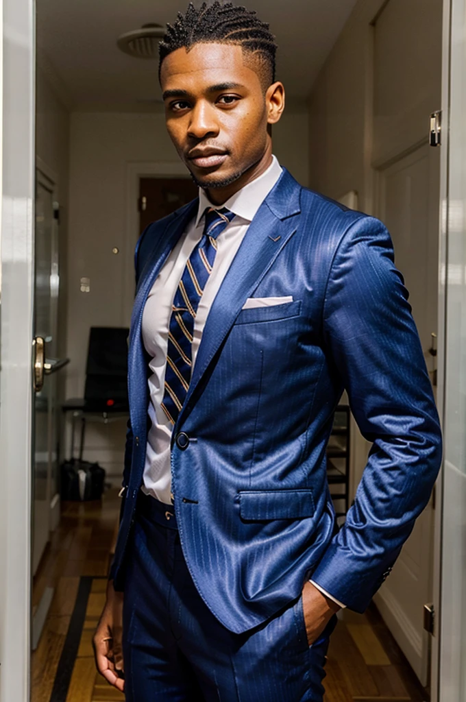 40ys african horny handsome high fade hair guy in shiny stripes sharp suit with silk tie