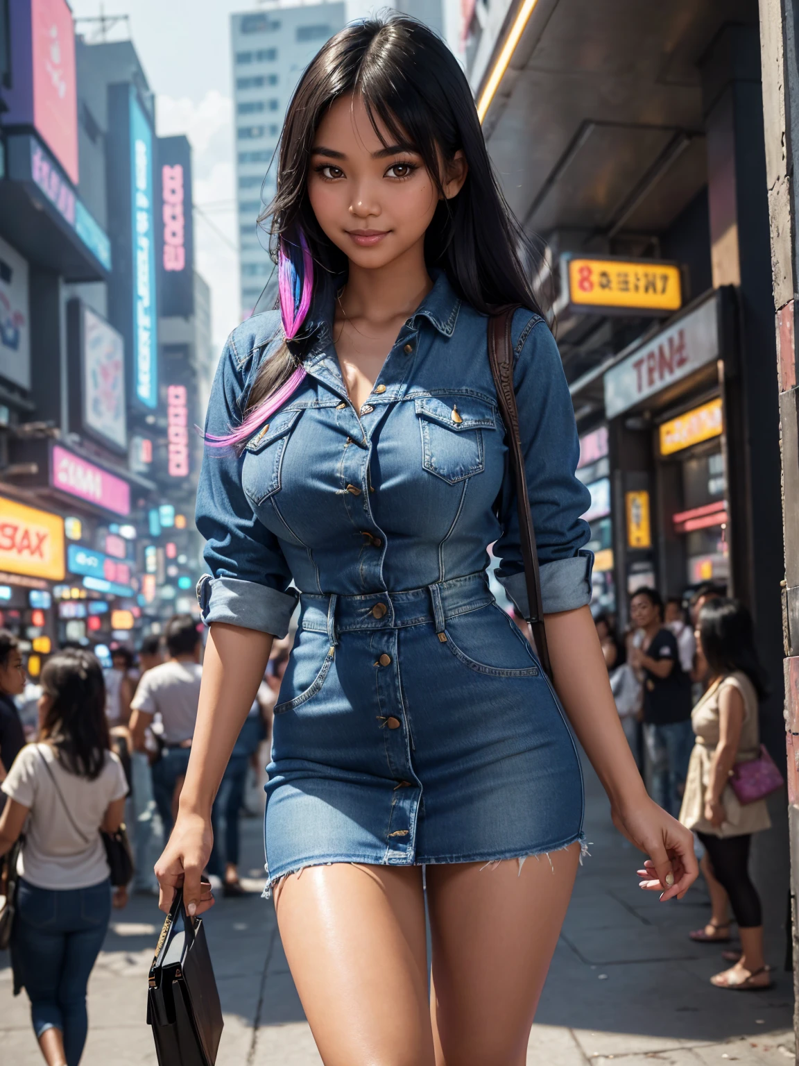 (30 years old, wearing denim dress), ((cute SFW Filipina|Thai woman holding colorful_smartphone, thighs, detailed face and eyeshadow, crowded cyberpunk plaza)), hourglass figure, smile, intricate, big breasts, bangs, (long hair), Cinematic lighting, global illumination, studio lighting, daytime, highly detailed, k, octane render, trending on artstation, soft fill lighting
