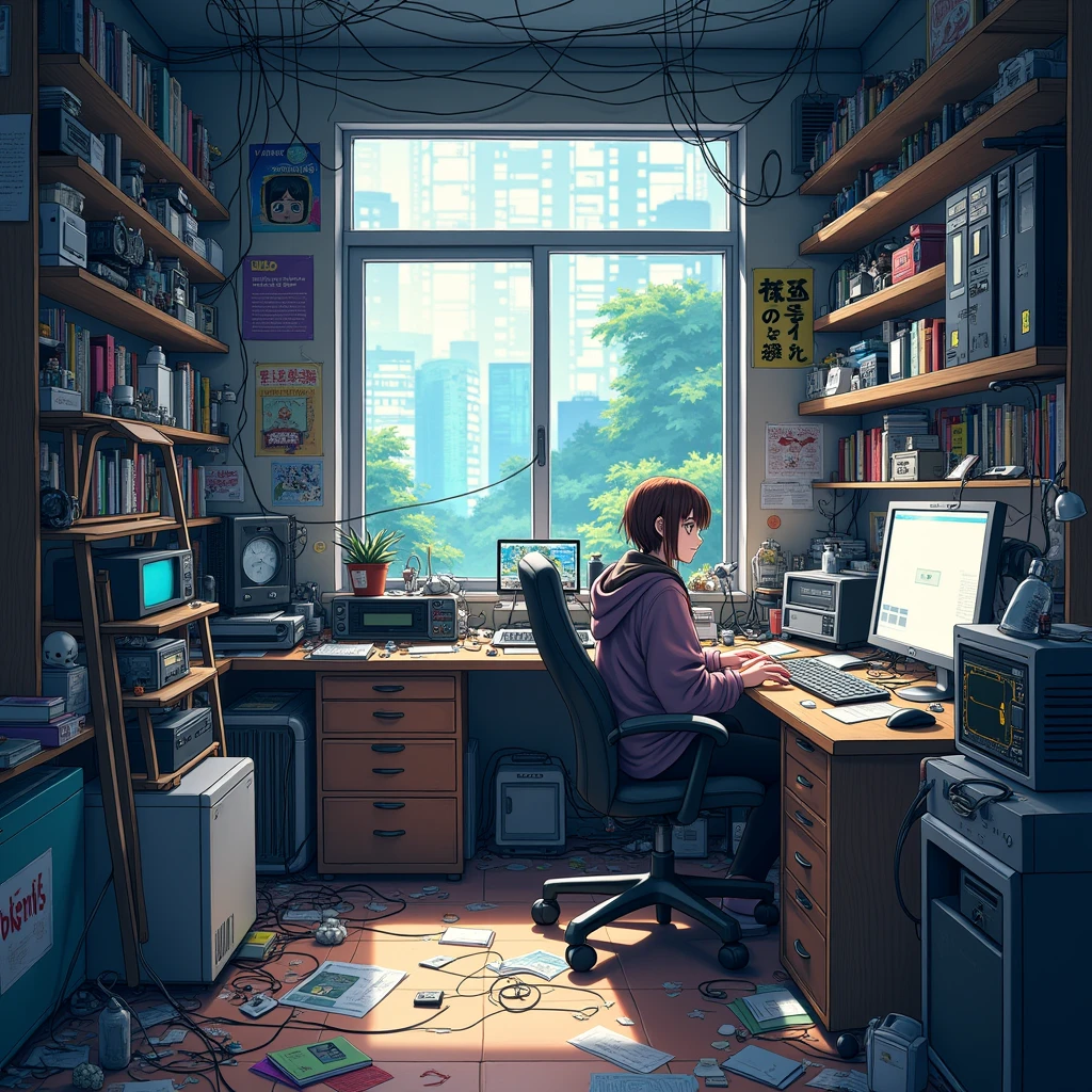 Anime programmer room design hakikomori, mess, lots of items, super detailing