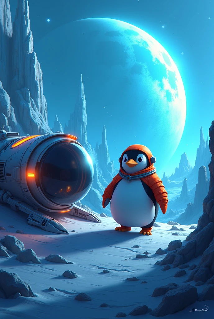 Silhouette of a chubby penguin dressed as an astronaut inside a ship leaving a futuristic blue planet