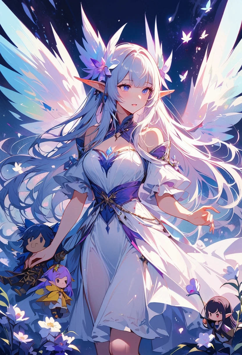 There is a doll,There is a purple and white skirt and a white skirt, space flower Fairy, astral Fairy, Elf, Ethereal fantasy, Ethereal,Fairy, She is surrounded by frozen flowers, 美麗的Fairy, water Fairy, beautiful Fairy, of Ethereal fantasy, 微笑如Immortal King, Ghost Festival, Ethereal wings, Immortal King