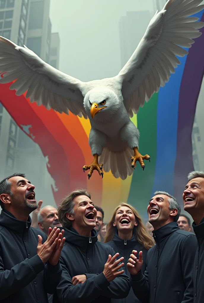 The fall of LGBT and the rainbow flag, Poles rejoice over their victory, in the background a white eagle destroys the rainbow flag