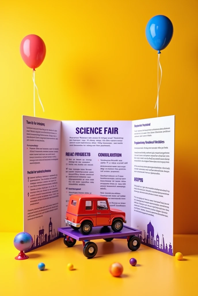 Create a science fair brochure with a yellow background with the title " work and potency" in the middle part above, below this the title "materials and procedure" and below this a cart with a vehicle, On the right side of the trefoil the title "variables" a little further down "conclusions and further down the middle road will continue but without the vehicle and at the corner of the top and bottom add a purple border, In the case of the left part of the trefoil you will add the same borders in the corners and the cart without the vehicle at the bottom, The title will go at the top " aim" Then follows " Hypothesis " and finally " question problem" The titles must be purple except for the central one which is a combination of red and purple which would be ( WORK and POTENCY purple and AND red) On the left and right corner part add a hanging balloon