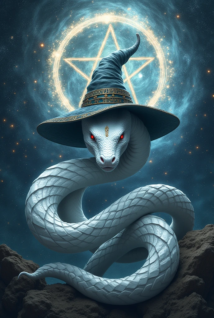 a white snake with a witch's hat, surrounded by symbols of magic and the cosmos, no people, hat, witch's hat, border, animal focus, animal, magic circle, black border, hexagram. ultra-realistic, hyper-detailed, 32k uhd,hyper-detailed,ultra-realistic, 8k,, red eyes, (Background Universe and Galaxy) (Background Magic Galaxy and Magic Universe, A lot of stars in the sky dark), surrounded by symbols of magic  Diagram, Witch Star, Behind snake Big hexagram Background and old vikings writing, witch writhing. 