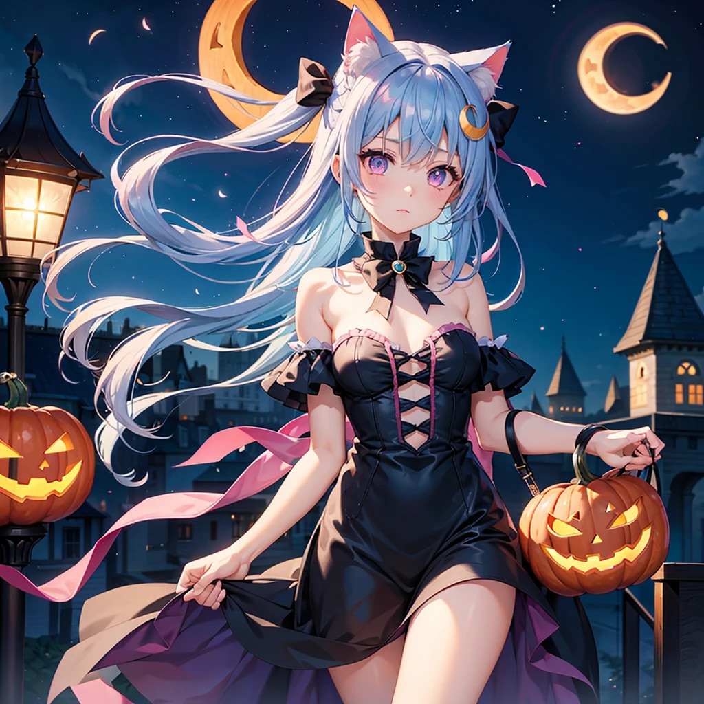 (Sky blue hair),Medium Hair, (Pink Eyes),Fair skin) ,(whole body),(One Girl),(Crescent Moon),(There are lots of pumpkin ghosts in the background),Cat ear,Cat's Tail,(If you don't give me sweets, I'll play a prank on you.),Halloween Night Party),(masterpiece, Highest quality, Very detailed, Best Shadow), (Detailed Background), (Beautifully detailed face), High Contrast, (Best lighting, Very delicate and beautiful), ((Cinematic Light)), Hyper Detail,8k, Dramatic Light, Intricate details,night,(Bats flying in the background),Pumpkin handbag,There are sweets in the bag,