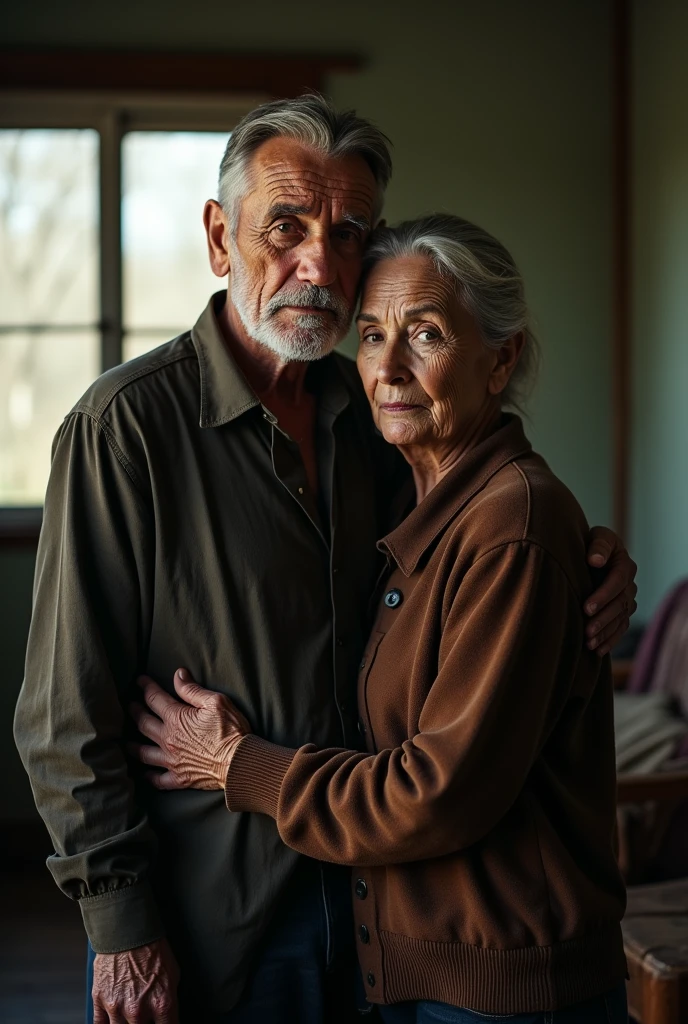 A ONE OLD MAN AND ONE OLD WOMEN FACE LIKE CRYING LOOKING STRAIGHT, MAN AND WOMEN STANDING,DOCUMENTRY BACKGROUND ROOM , ONE WINDOW, SUN LIGHT IN BACKGROUND, REALISTIC DETAILS, 4K HD 