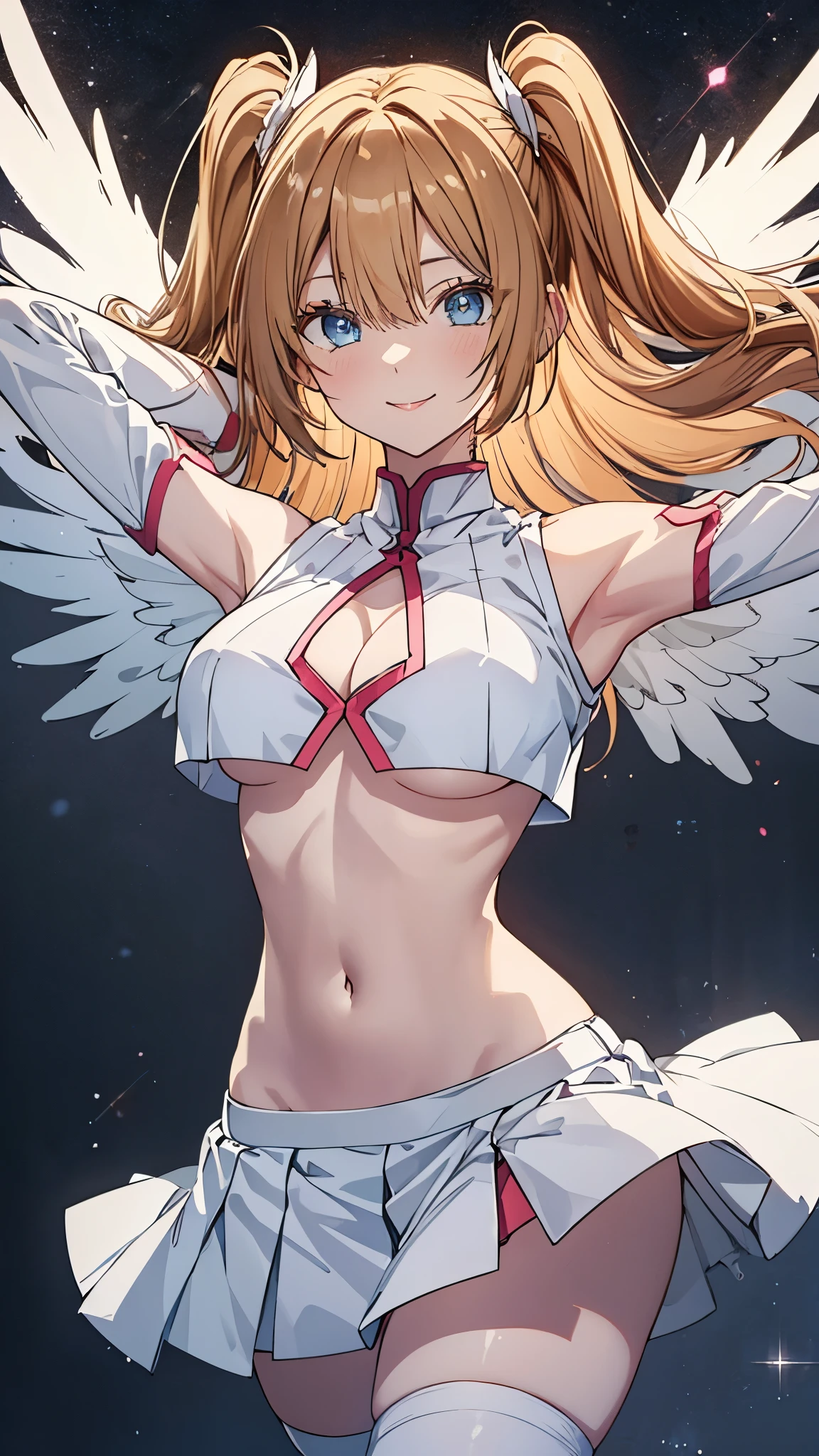 Liliel,blue eyes,light brown hair,long hair,two side up,large breasts,slender,(white crop top),bare shoulders,cleavage,(underboob),midriff,navel,(white mini skirt),thighs,Angel Wings,smile,masterpiece,Noise Reduction,perfect anatomy,high resolution, ultra-detailed, ultra-detailed face,game cg,dutch angle ,beautiful detailed eyes,visualart,five fingers, perfect hands, perfect lighting, sparkling pupils,