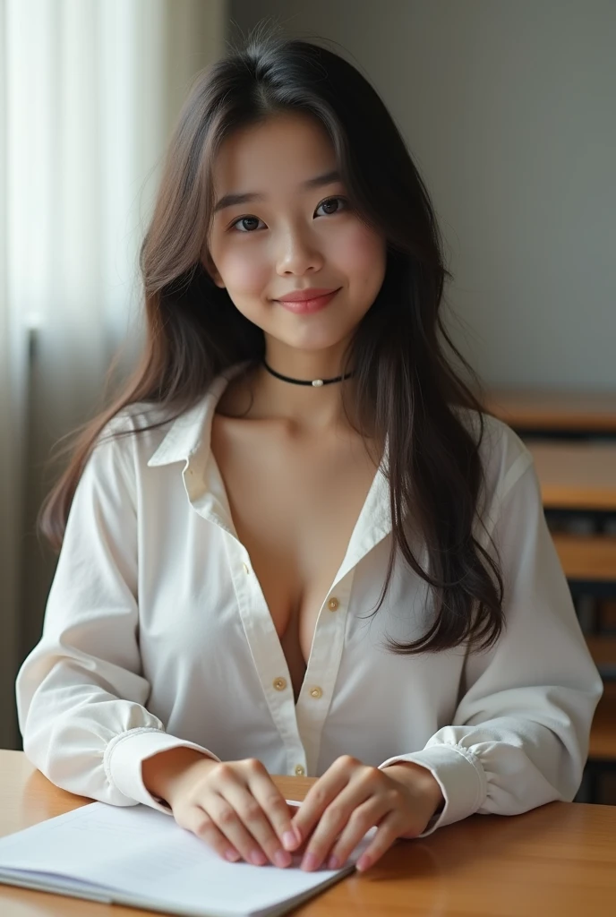 Cute korean, five woman 12 years old sitting at study table, sexy clothes, breasts coming out of the middle of the shirt slit, (( ((boobs-out of shirt)) )), squeezing her breasts, do not wears buste houder, show boobs, boobs button, breastfeeding boy 18 years old, fatal position of boobs
