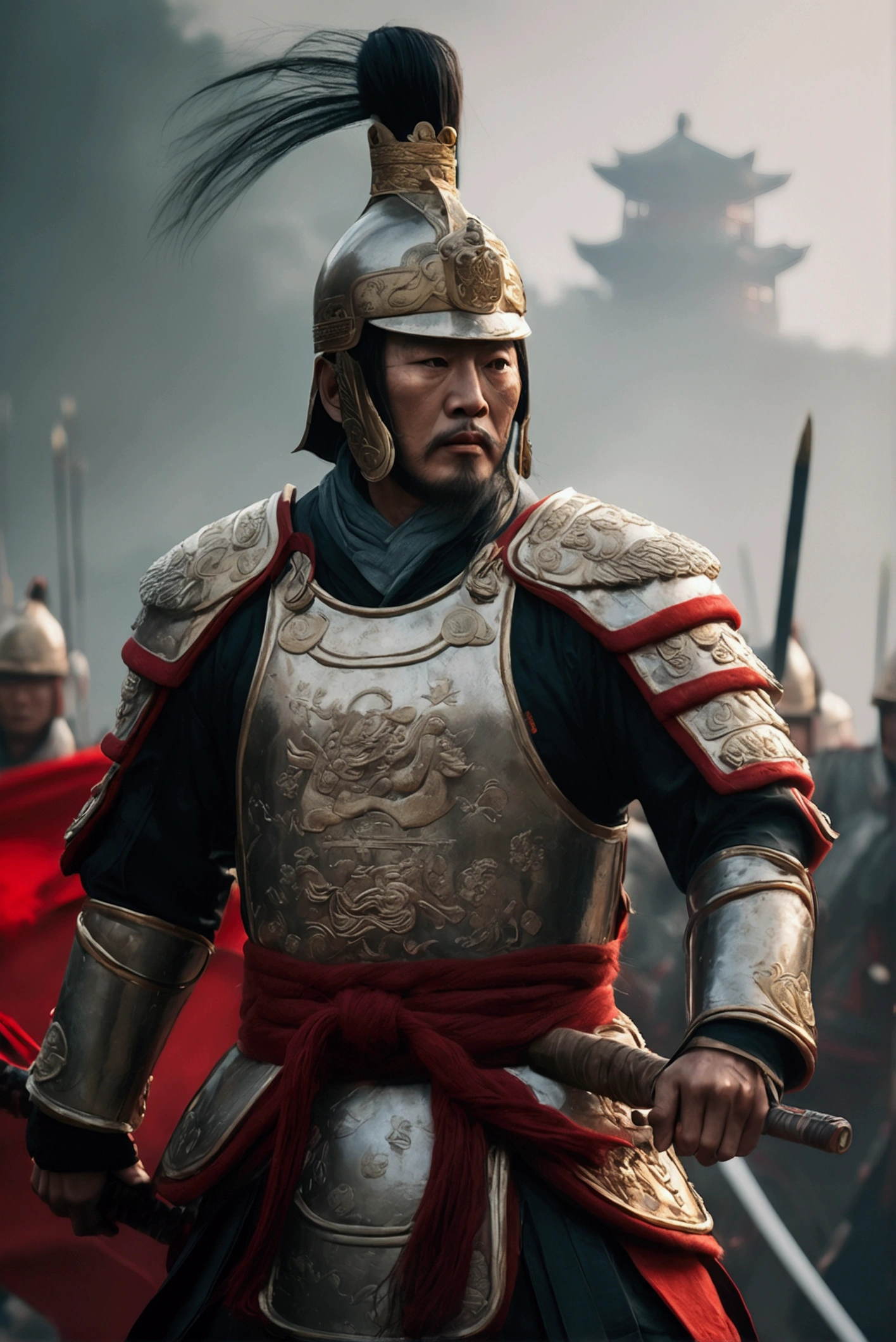 Bust of an ancient Chinese general on the battlefield，The armor is broken, Starry sky and fog cover the landscape.Rich historical background. (Highest quality,4K,8k,High resolution,masterpiece:1.2), Very detailed, (Realistic,Realistic,Photorealistic:1.37), High resolution, Hyper HD, Studio Lighting, Ultra-fine painting, Sharp focus, Physically Based Rendering, Very detailed説明, Professional, Vibrant colors, Bokeh, Sports Late, Ancient War Landscapes, Traditional Chinese Painting Techniques, Atmospheric lighting, Dynamic Pose, Complex combat scenarios, Vivid color contrast, Visually stunning composition, Ethereal atmosphere, heroism. Black and White