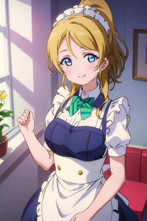  Highest quality、masterpiece、One Girl、alone、anime、animeScreencap、Ray Tracing、Global Illumination、ultra hi resolution picture、Bright colors、Light on the face、Glowing Eyes、Depth of written boundary、Detailed Background、cute、Straight、smile、View your viewers、Love Live!、whole body、Coffee shop、Maid clothes、Eri Aase、Big Breasts