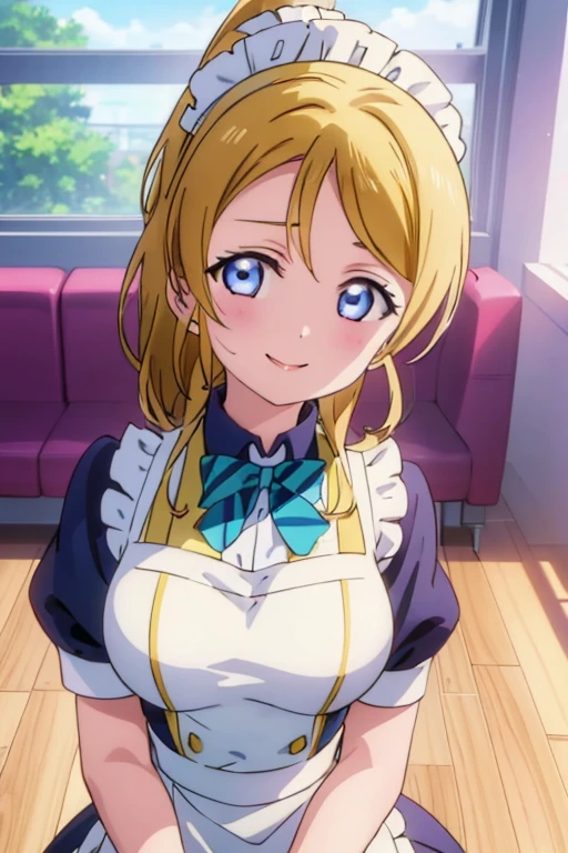  Highest quality、masterpiece、One Girl、alone、anime、animeScreencap、Ray Tracing、Global Illumination、ultra hi resolution picture、Bright colors、Light on the face、Glowing Eyes、Depth of written boundary、Detailed Background、cute、Straight、smile、View your viewers、Love Live!、whole body、Coffee shop、Maid clothes、Eri Aase、Big Breasts