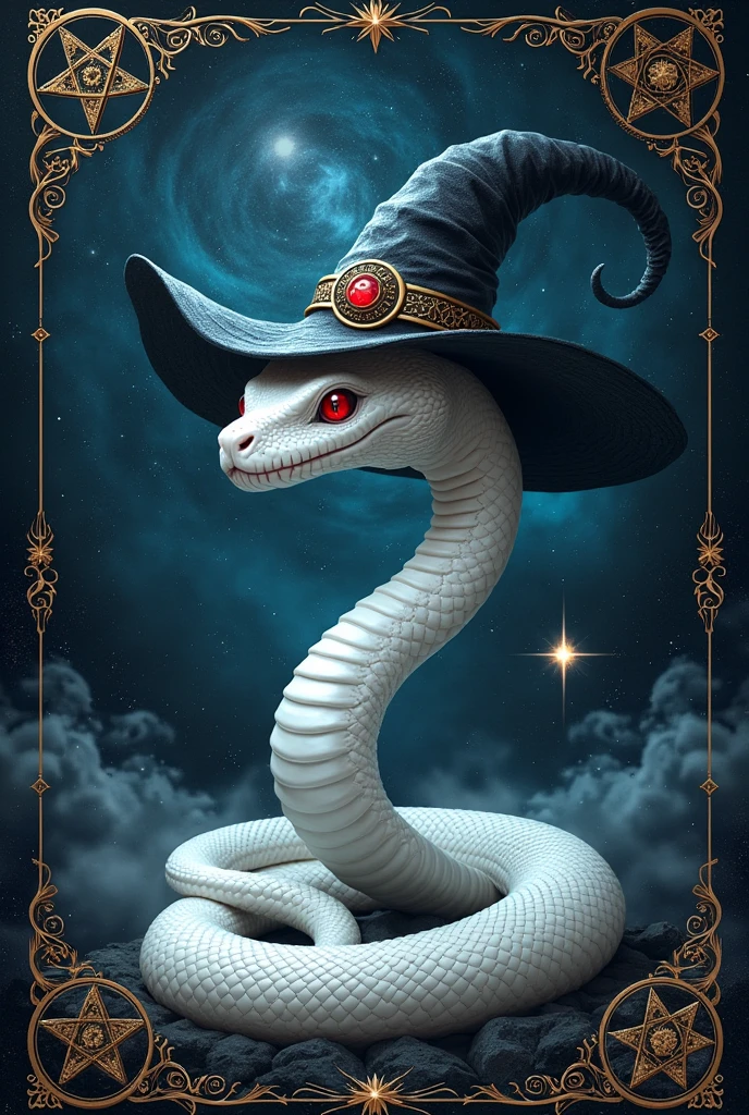 a white snake with a witch's hat, surrounded by symbols of magic and the cosmos, no people, hat, witch's hat, border, animal focus, animal, magic circle, black border, hexagram. ultra-realistic, hyper-detailed, 32k uhd,hyper-detailed,ultra-realistic, 8k,, red eyes, (Background Universe and Galaxy) (Background Magic Galaxy and Magic Universe, A lot of stars in the sky dark), surrounded by symbols of magic Diagram, Witch Star, Behind snake Big hexagram Background and old vikings writing, witch writhing.