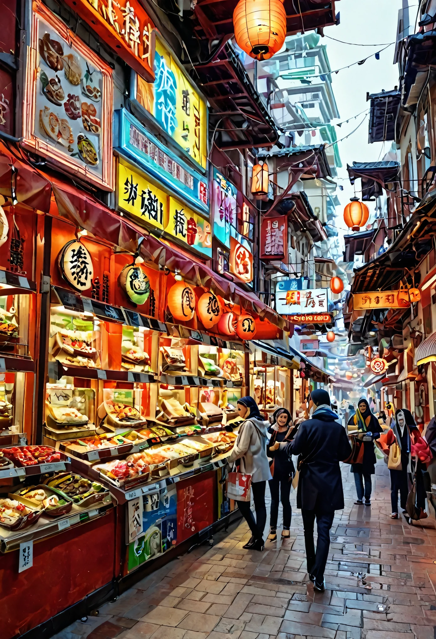 (((An realistic immage of Muslim Quarter street scene in Xi'an))). Narrow alley lined with colorful shops and food stalls. Traditional Chinese architecture with Islamic influences. Crowds of people shopping and eating. Steam rising from food vendors. Vibrant atmosphere with lanterns and neon signs