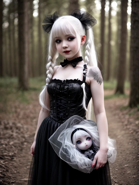 female sexy vampire|albino, pale porcelain skin, sexy vintage black dress, long skirt, fishnet, (6 years old, loli:1.8), smile, shallow depth of field, grin|creepy, nightfall, detailed face, night, wide hips, narrow waist, portrait of woman standing, detailed eyes, portrait of woman standing, 8k RAW photo, highest quality, looking at the viewer, best shadow, intricate details, white hair, pigtails, cute, bright white eyes, mascara, eyeshadow, gothic makeup, (night:1.4), dark forest, night, grave, gothic, goth detailed, highres, high qualilty, high saturation