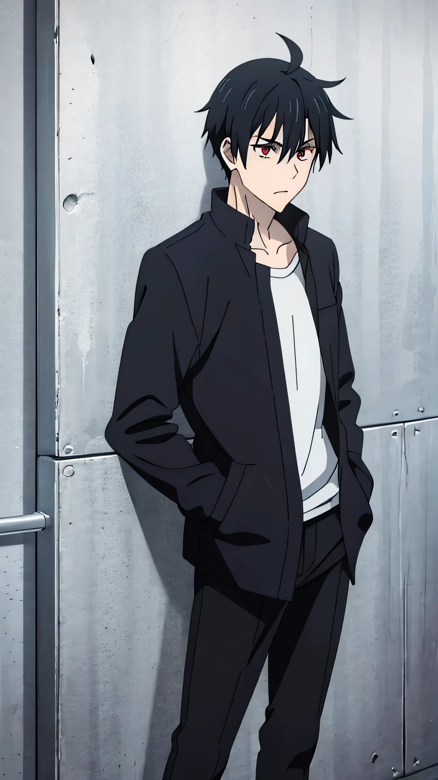 1boy, solo, teenage, black hair, red eyes, ahoge, cowlick, short haircut, black jacket, messy bangs, ahoge, pale skin, skinny, hands in pocket, lean against wall