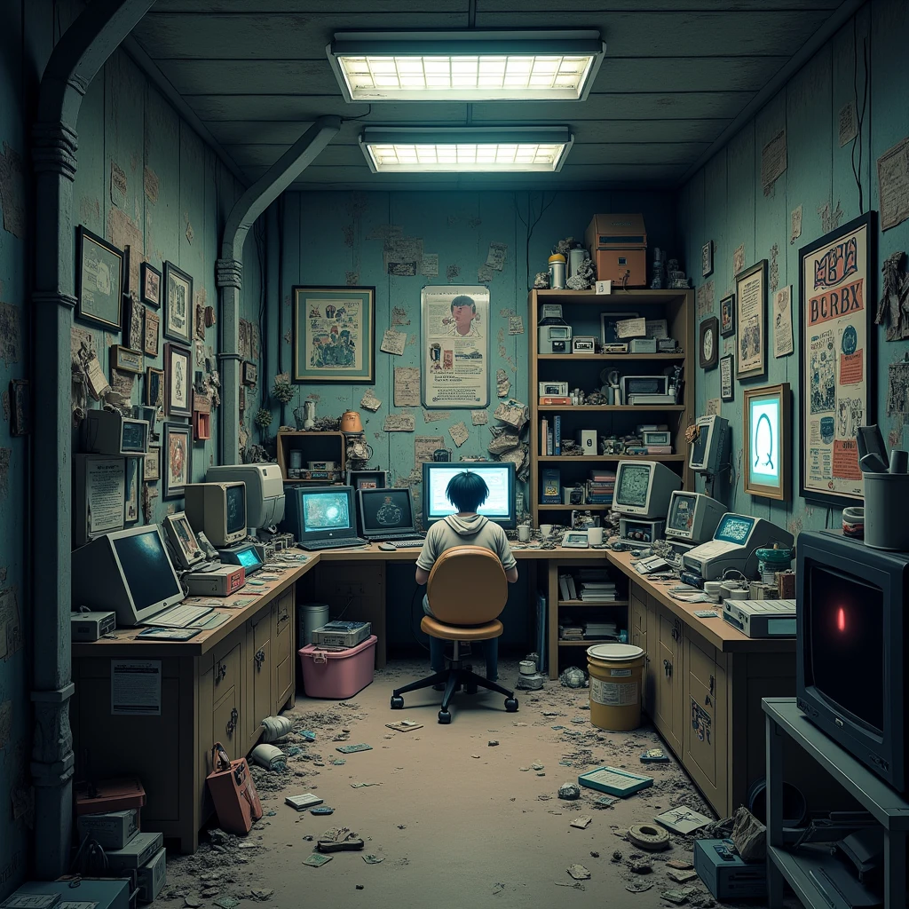 Anime hakikomori room design, underground, lots of items, dirty, dark, super detailing