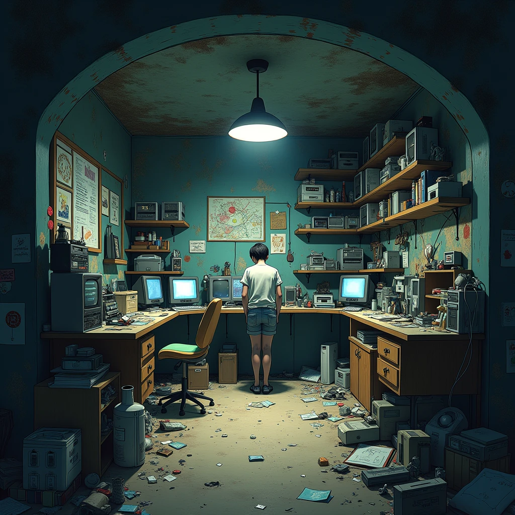 Anime hakikomori room design, underground, lots of items, dirty, dark, super detailing