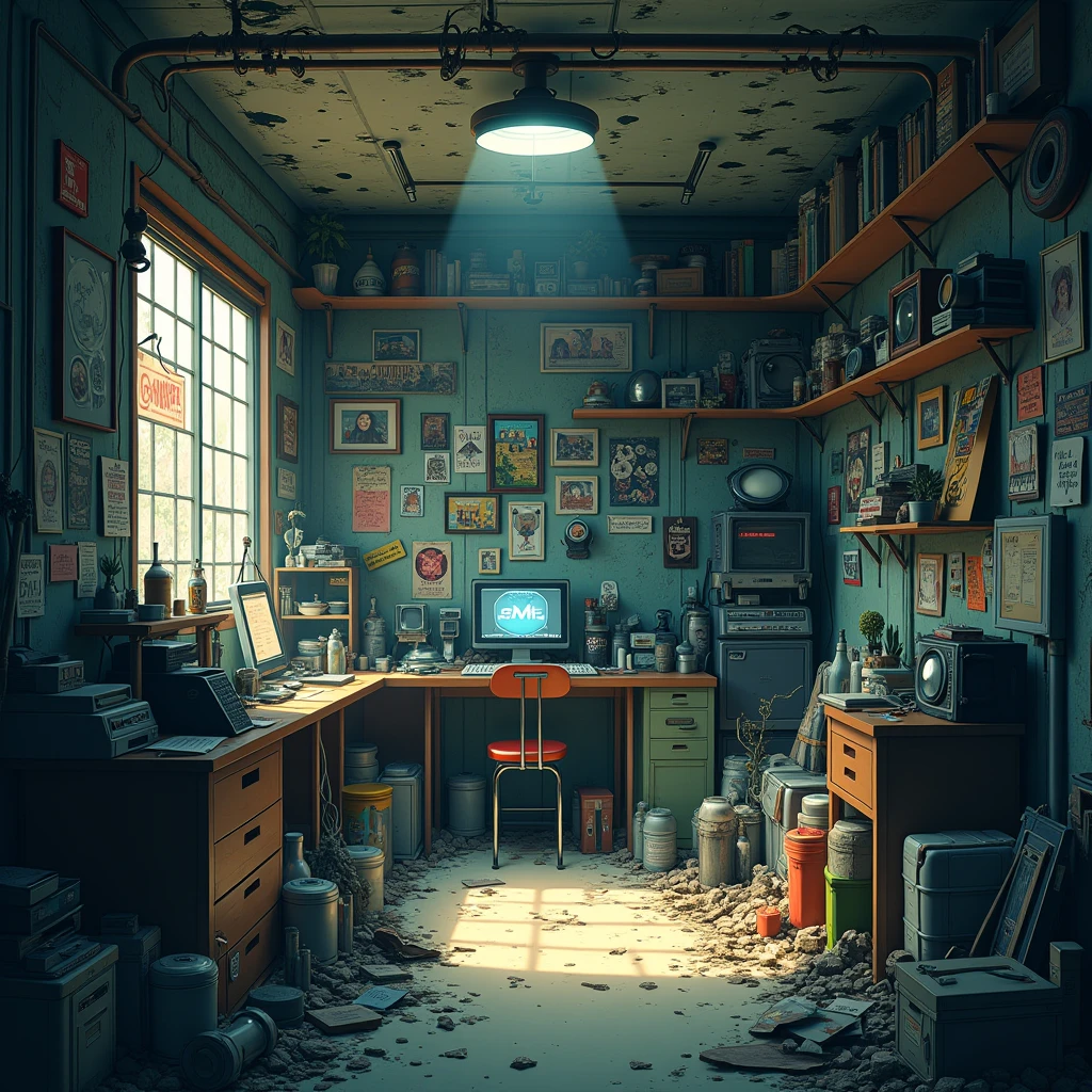 Anime hakikomori room design, underground, lots of items, dirty, dark, super detailing