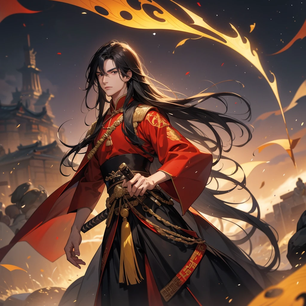 A handsome young man with long black hair, dressed in an ancient Chinese general's outfit. The scene is a battlefield. He holds a large, long sword, standing in an ancient Chinese battlefield.