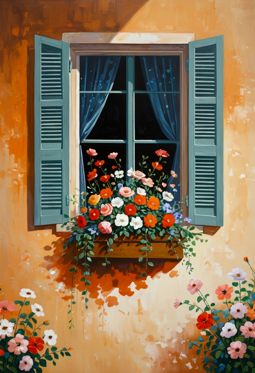 A painting：Flowers are placed on the window - flowers are hanging down, (((Negative Space：2)))