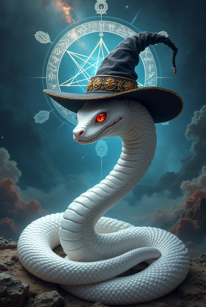 a white snake with a witch's hat, surrounded by symbols of magic and the cosmos, no people, hat, witch's hat, border, animal focus, animal, magic circle, black border, hexagram. ultra-realistic, hyper-detailed, 32k uhd,hyper-detailed,ultra-realistic, 8k,, red eyes, (Background Universe and Galaxy) (Background Magic Galaxy and Magic Universe, A lot of stars in the sky dark), surrounded by symbols of magic  Diagram, Witch Star, Behind snake Big hexagram Background and old vikings writing, witch writhing. 